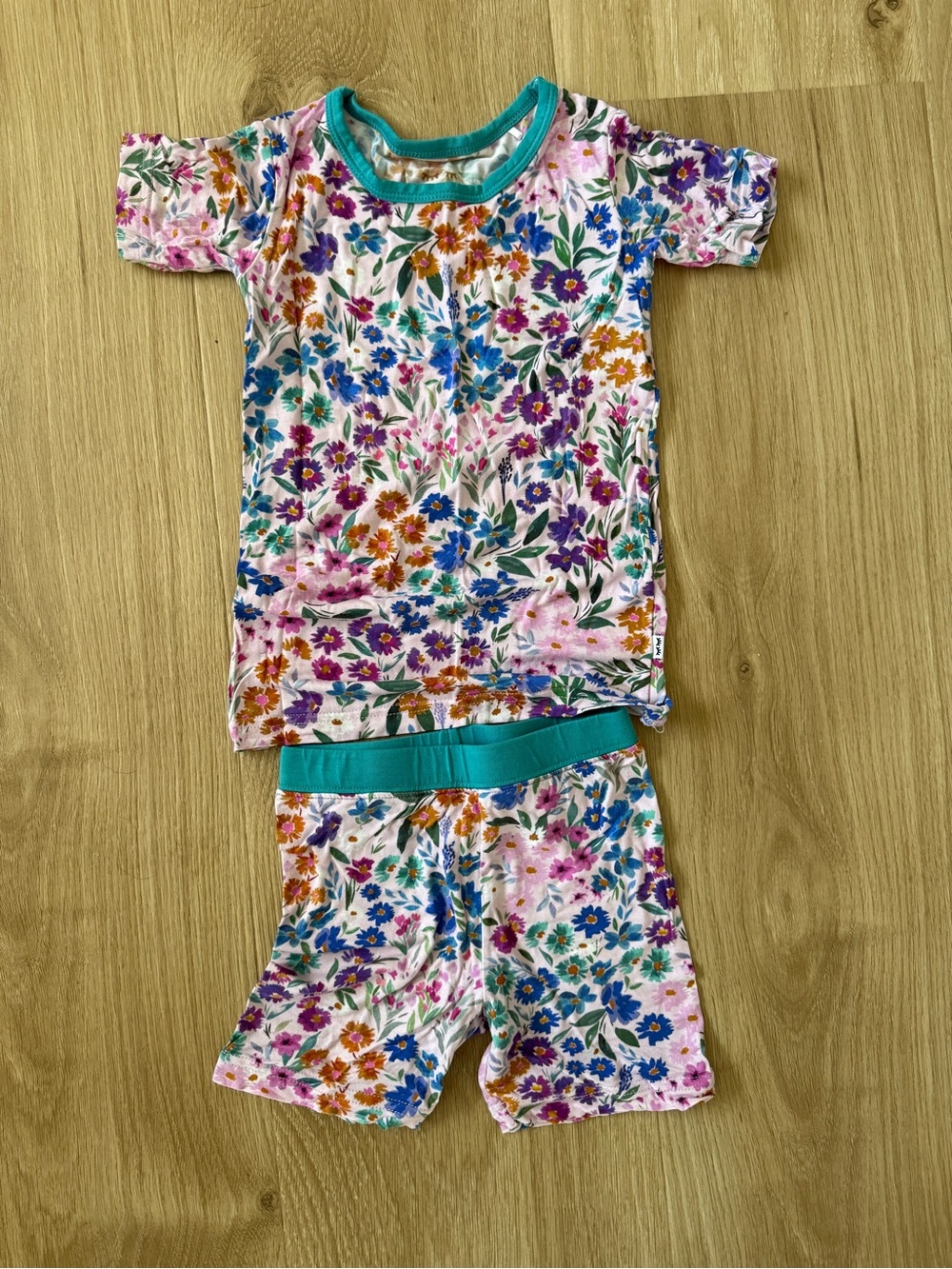 Little Sleepies Floral Short Sleeve Pajama Set with Teal Trim